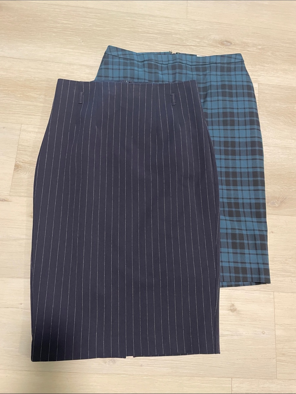 Pencil Skirts in Navy Pinstripe and Teal Plaid With Back Zippers